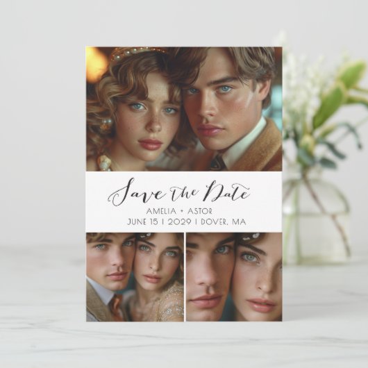 Moderne Script Photo Collage Zwart Wit Save The Date (Staand voorkant)