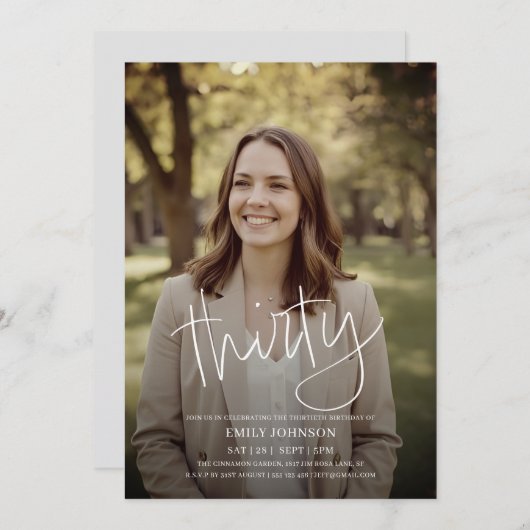 Moderne Script Photo Minimal 30th Birthday Kaart (Voorkant / Achterkant)