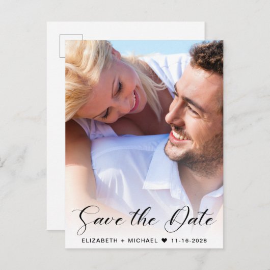 Moderne Script Photo Overlay Save the Date Aankondigingskaart (Voorkant / Achterkant)