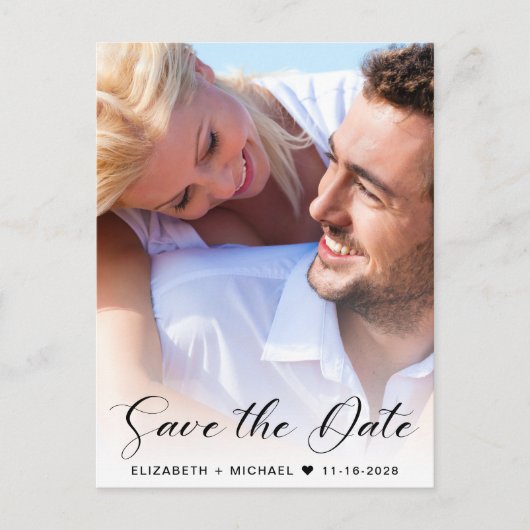 Moderne Script Photo Overlay Save the Date Aankondigingskaart (Voorkant)