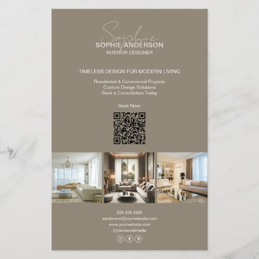 Moderne Script Photo QR Taupe Professional Busines Flyer (Voorkant)