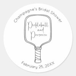 Moderne Script Pickleball & Prosecco Bruiloftsfees Ronde Sticker