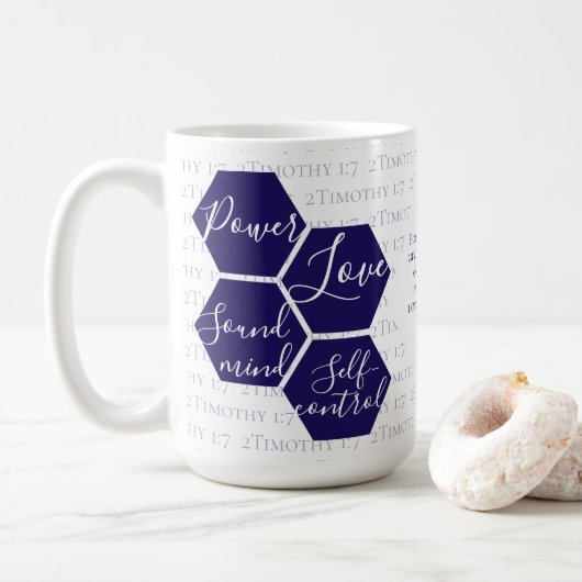 Moderne Script POWER LOVE SOUND MIND Christelijk Koffiemok (Met donut)