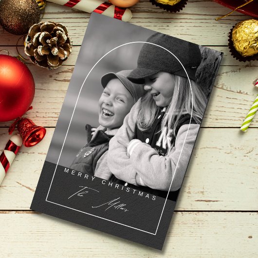 Moderne Script Prettig Kerstmis Boog Foto Vakantie Kaart