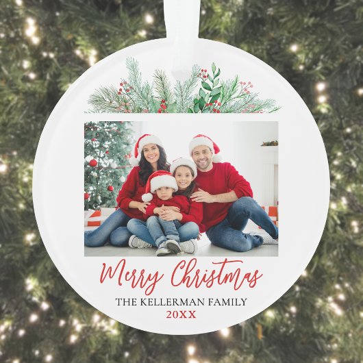 Moderne Script Prettig Kerstmis Familie Foto Ornament
