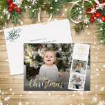 Moderne script, prettige kerstfoto Collage Gold Folie Feestdagenkaart<br><div class="desc">Voeg uw familiefoto's,  naam en jaardatum toe aan deze unieke moderne Merry kerstfeestkaart,  met elegante scriptbedekking die met echte gouden folie wordt afgedrukt.</div>