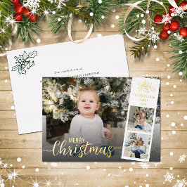Moderne script, prettige kerstfoto Collage Gold Folie Feestdagenkaart