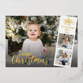 Moderne script, prettige kerstfoto Collage Gold Folie Feestdagenkaart (Voorkant)