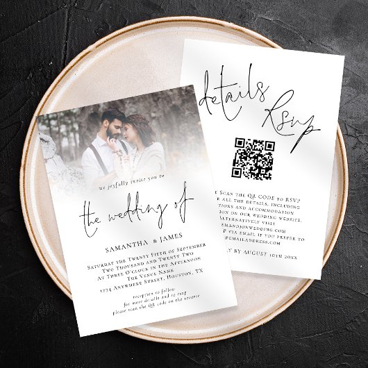 Moderne Script QR Code Foto All in One Trouwfeest Kaart
