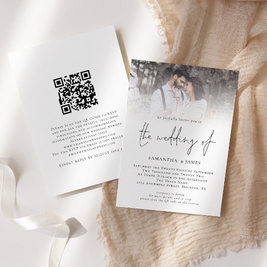 Moderne Script QR-code Foto Bruiloft Kaart