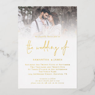 Moderne Script QR Code Foto Bruiloft Luxe Goud Folie Uitnodiging