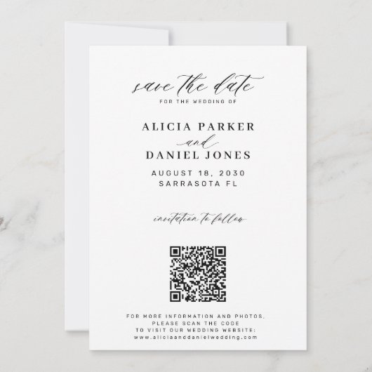 Moderne script qr-code foto bruiloft save the date (Achterkant)