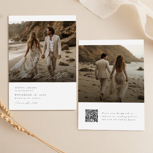 Moderne Script QR Code Foto Huwelijk Save The Date Kaart