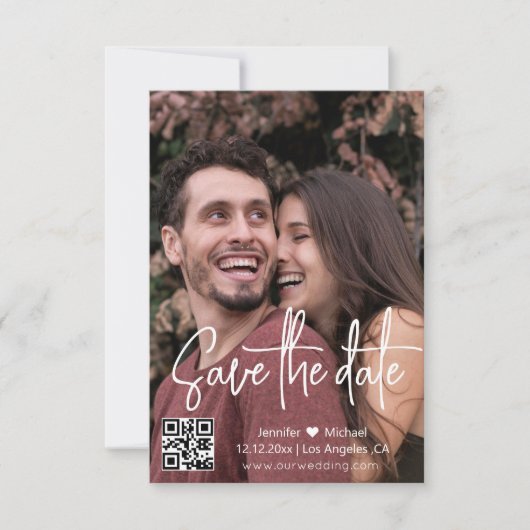 Moderne script QR code foto Save The Date (Voorkant)