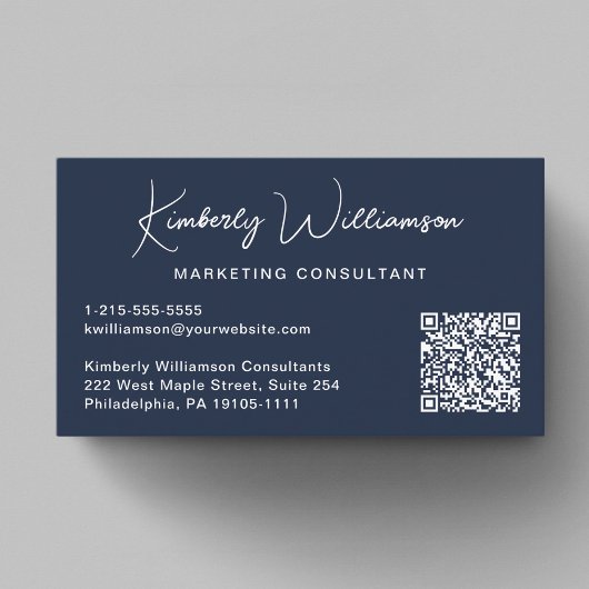 Moderne script QR-code professioneel blauw Visitekaartje