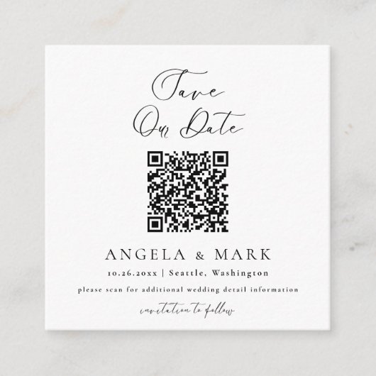 Moderne Script QR Code Save The Date Informatiekaartje (Voorkant)