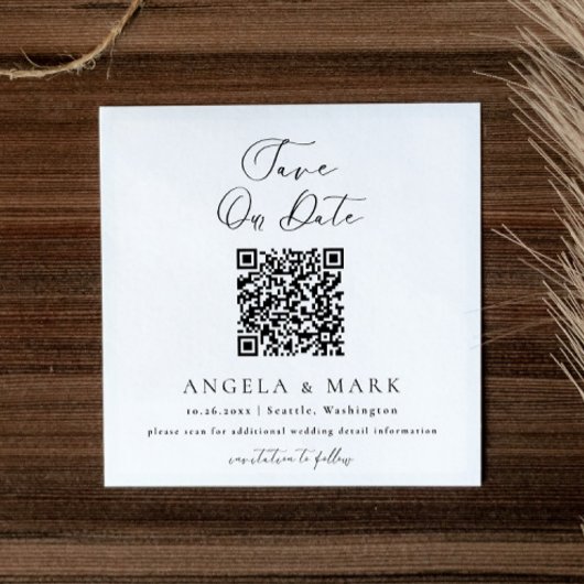 Moderne Script QR Code Save The Date Informatiekaartje