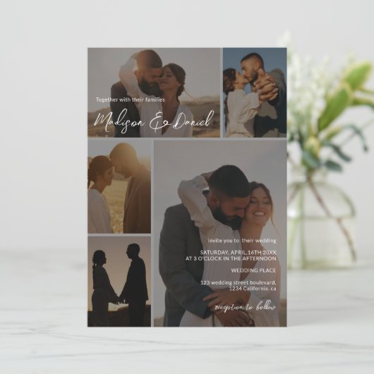 Moderne Script QR-codenamen 6-foto grid bruiloft Kaart (Staand voorkant)