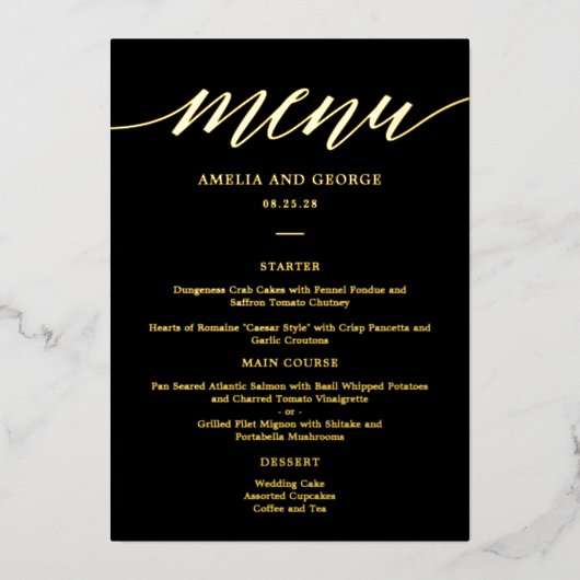 Moderne Script REAL FOIL Elegante Menukaart Folie Uitnodiging (Voorkant)
