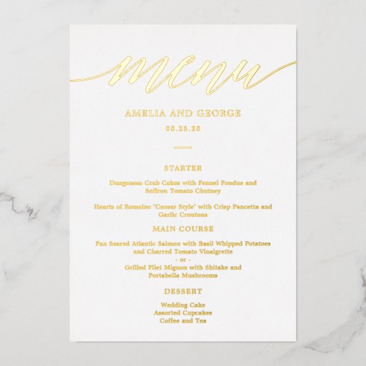 Moderne Script REAL FOIL Elegante Menukaart Folie Uitnodiging (Voorkant)