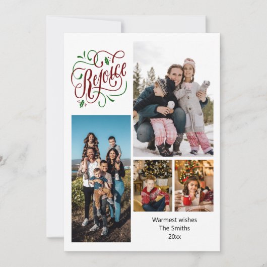 Moderne Script REJOICE 4 Photo Collage Kerstmis Feestdagenkaart (Voorkant)