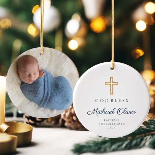 Moderne Script Religieuze Jongens Doop Foto Keramisch Ornament
