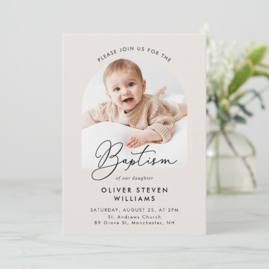 Moderne Script Religious Baptism & Christening Kaart (Staand voorkant)