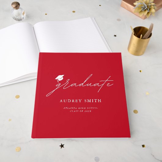 Moderne Script Rode Afstudeerfeest Servetten Gastenboek (Voorkant open)