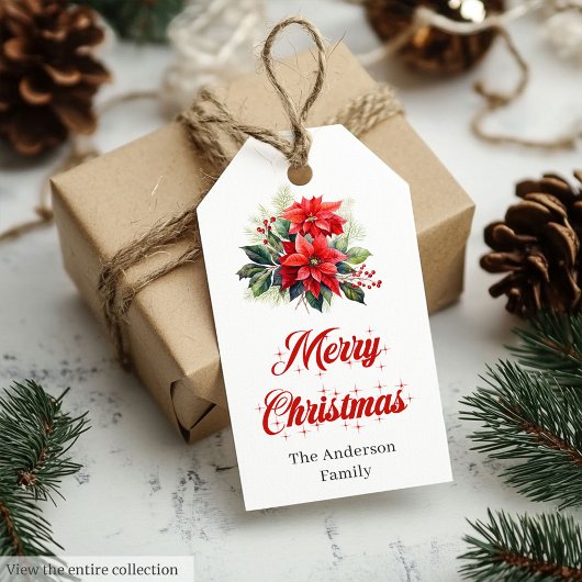Moderne Script Rode Poinsettia Bloem Kerstkaart Cadeaulabel