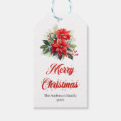 Moderne Script Rode Poinsettia Bloem Kerstkaart Cadeaulabel (Voorkant)