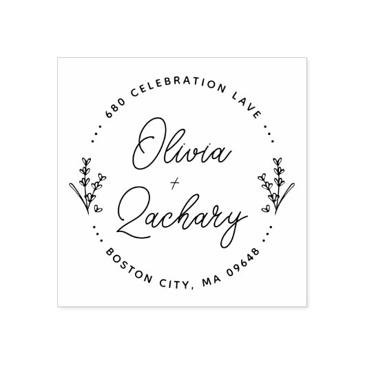 Moderne Script Ronde Bloem Bruiloft Adres Rubberstempel (Afrduk)