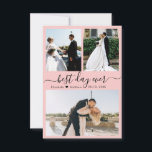 Moderne Script Roze 3 Foto Collage Wedding Bedankkaart<br><div class="desc">Minimalistische, elegante handschrift met gebotterde pastroze 3 foto's met collage bruiloft - Hartelijk dank. Stijlvolle, eenvoudige bruiloft bedankt je sjabloon met drie (3) foto op de voorkant en één (1) foto op de achterkant. Met de tekst "beste dag ooit"in een krullend cirkelvormig handgeschreven typografie manuscriptdoopvont in zwart op zachte zwarte...</div>