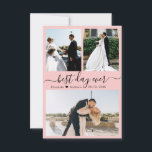 Moderne Script Roze 3 Foto Collage Wedding Bedankkaart<br><div class="desc">Minimalistische, elegante handschrift met gebotterde pastroze 3 foto's met collage bruiloft - Hartelijk dank. Stijlvolle, eenvoudige bruiloft bedankt je sjabloon met drie (3) foto op de voorkant en één (1) foto op de achterkant. Met de tekst "beste dag ooit"in een krullend cirkelvormig handgeschreven typografie manuscriptdoopvont in zwart op zachte zwarte...</div>