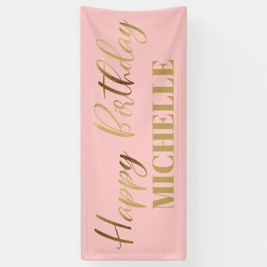 Moderne script roze Gold Happy Birthday Spandoek (Verticaal)