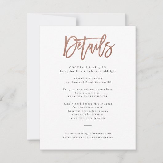 Moderne Script Roze Gouden Trouwdetails Kaart (Voorkant)