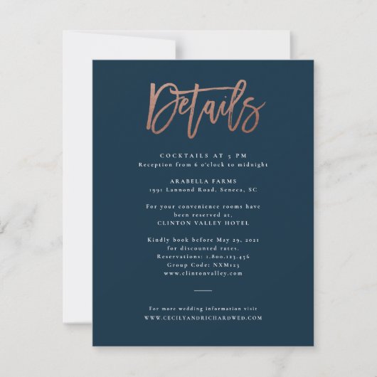 Moderne script roze gouden trouwdetails kaart (Voorkant)