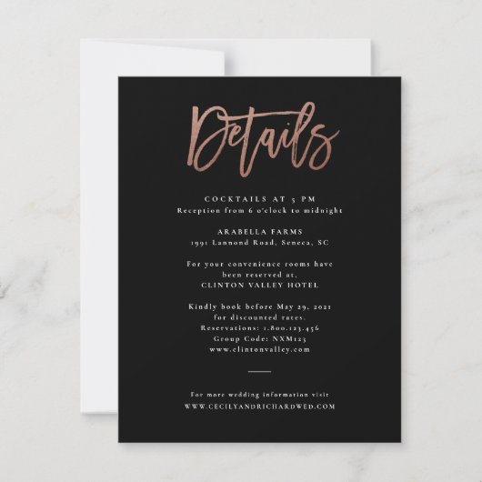 Moderne Script Roze Gouden Trouwdetailskaart Kaart (Voorkant)