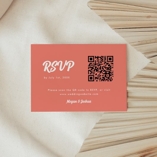 Moderne Script Roze Koraal QR Code Trouwen RSVP Kaartje