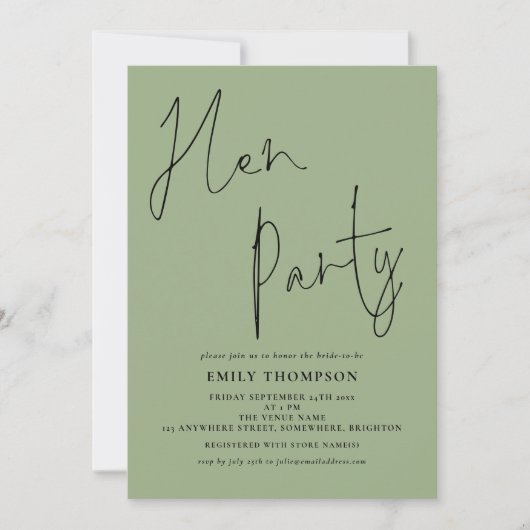 Moderne Script Sage Green Hen Party Kaart (Voorkant)