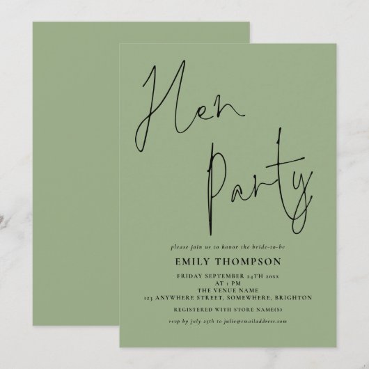 Moderne Script Sage Green Hen Party Kaart (Voorkant / Achterkant)