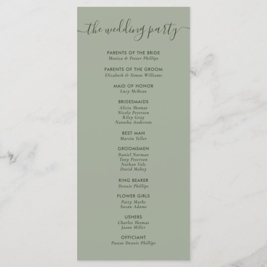 Moderne Script Sage Green We Wedden Programmakaart (Achterkant)