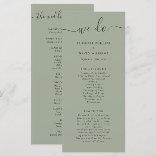 Moderne Script Sage Green We Wedden Programmakaart (Voorkant / Achterkant)