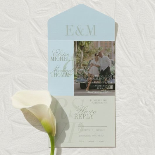 Moderne Script Sage Groene en Blauwe Huwelijk All In One Uitnodiging
