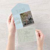 Moderne Script Sage Groene en Blauwe Huwelijk All In One Uitnodiging (Afscheurbaar)