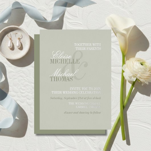 Moderne Script Sage Groene Formele Trouwdag Folie Uitnodiging