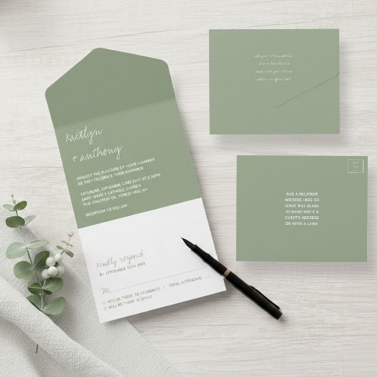 Moderne Script Sage Groene Minimalistische Trouwda All In One Uitnodiging