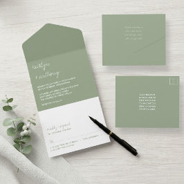 Moderne Script Sage Groene Minimalistische Trouwka All In One Uitnodiging