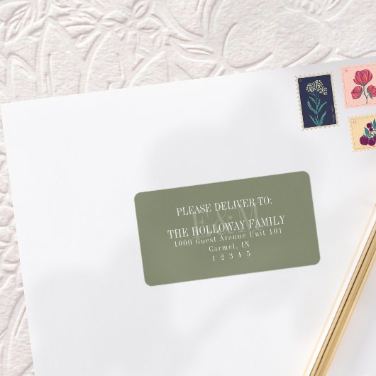 Moderne Script Sage Groene Monogram Huwelijk Etiket