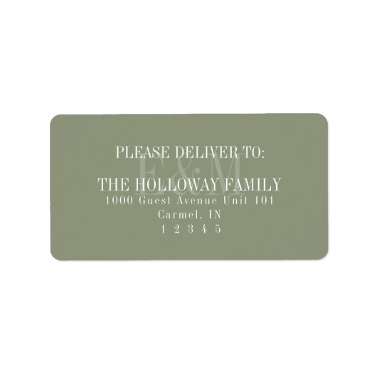 Moderne Script Sage Groene Monogram Huwelijk Etiket (Voorkant)