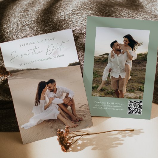 Moderne Script Sage Groene QR Code 2 Foto Save The Date